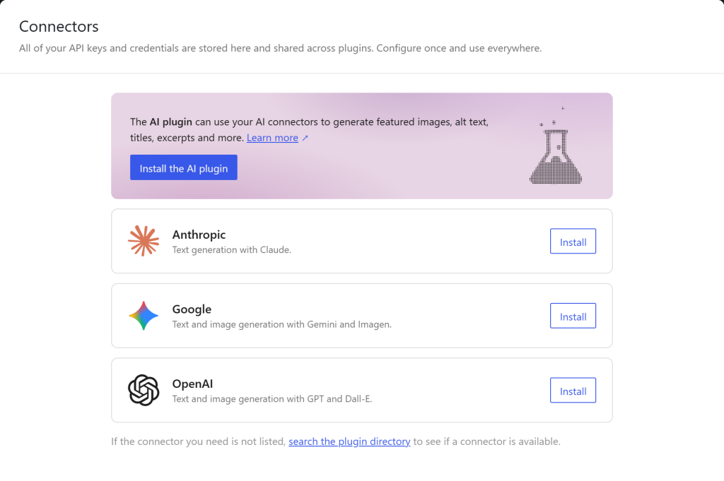 New page of AI connectors in WordPress 7.0
