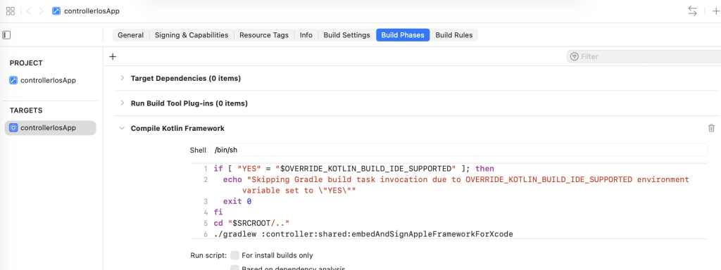 Example of build phases of compile kotlin framework with modified ./gradlew path.